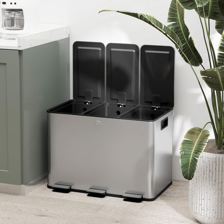 HOMCOM Küchenabfalleimer 3 x 10 l, Abfalltrennsystem aus Edelstahl, 3 Fächer, Pedal, herausnehmbare