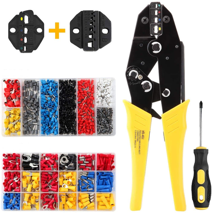 2-in-1 Crimpzange Crimp Set kfz mit Zwei Ersatzköpfe, Aweohtle Kabelschuh Zange und Krimpzange mit 3
