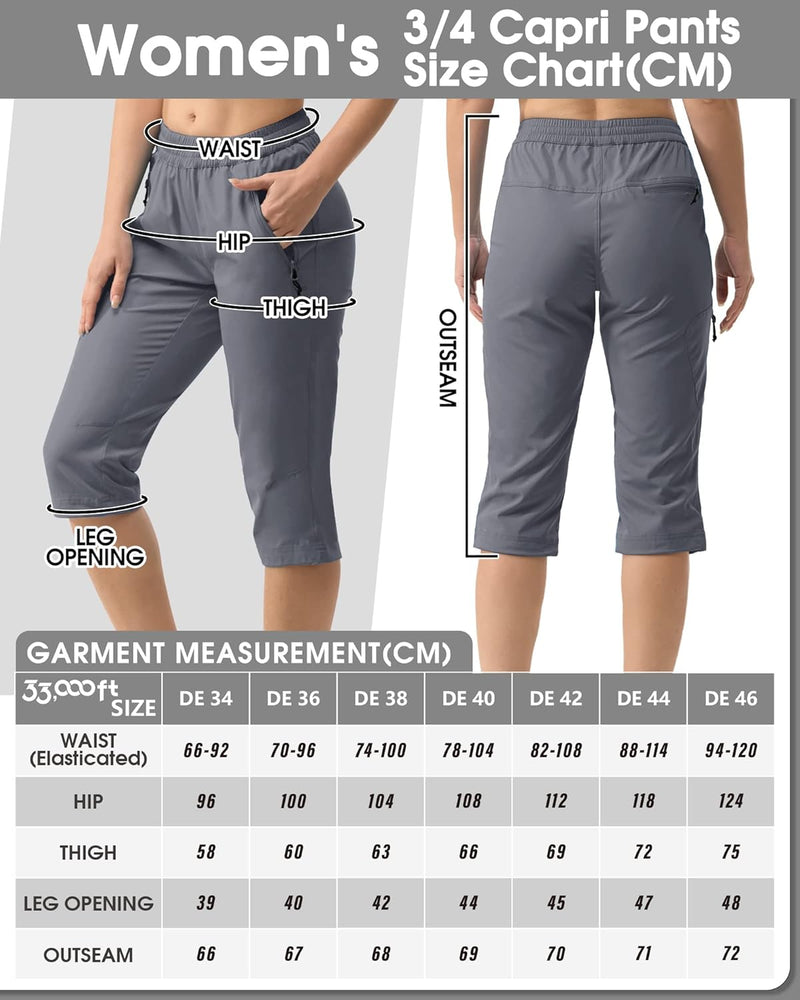 33,000ft Damen 3/4 Hose Capri Wanderhose Stretch Leichte Radhose Taschen Sommer Outdoor Golf Hose 36