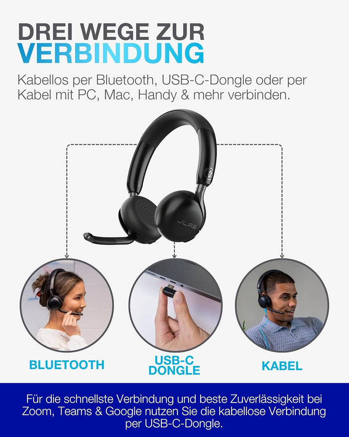 JLab Go Work 3 Bluetooth Headset mit Mikrofon - 70+ h, On-Ear, 18 Stück | USB-C Dongle, Geräuschunte
