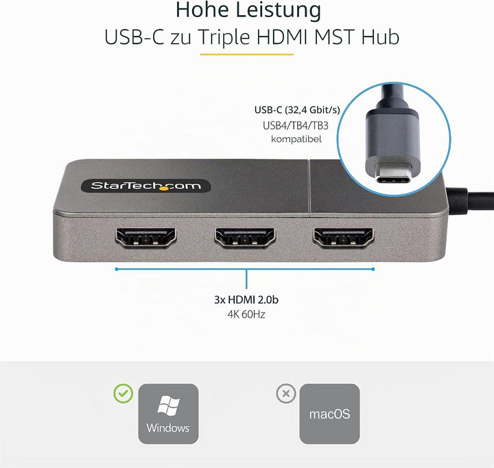 StarTech.com 3-Port USB-C Multi-Monitor Adapter, USB-C auf 3X HDMI MST Hub, Dreifach 4K 60Hz HDMI La
