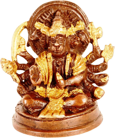 Purpledip Brass Idol Hanuman/Bajrangbali in Panchmukhi Avatar: Unique Copper Gold Finish for Home Te