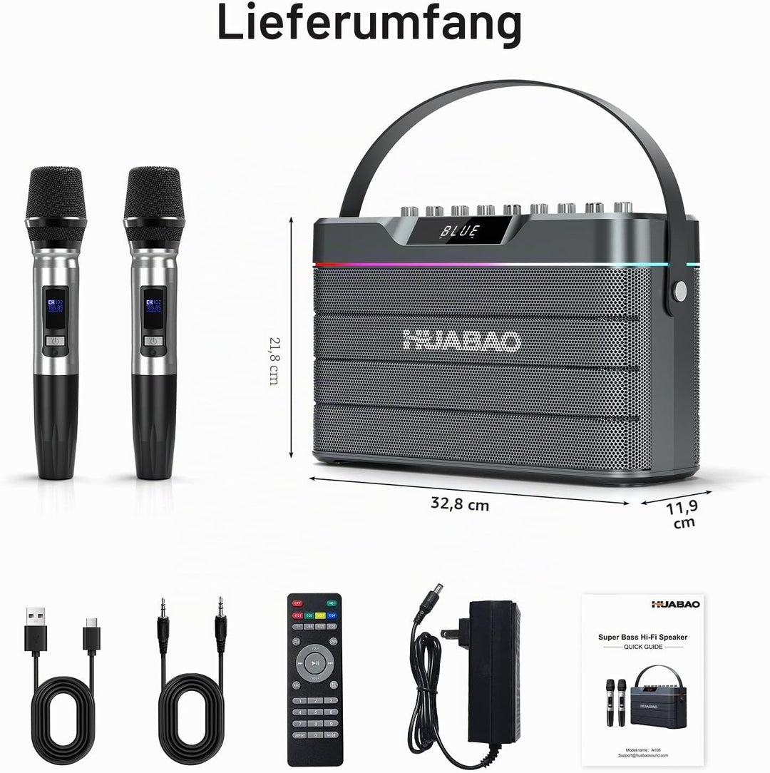 Karaoke-Maschine - 100W Bluetooth-Lautsprecher mit Super Bass, 2 drahtlose Mikrofone, tragbares PA-S
