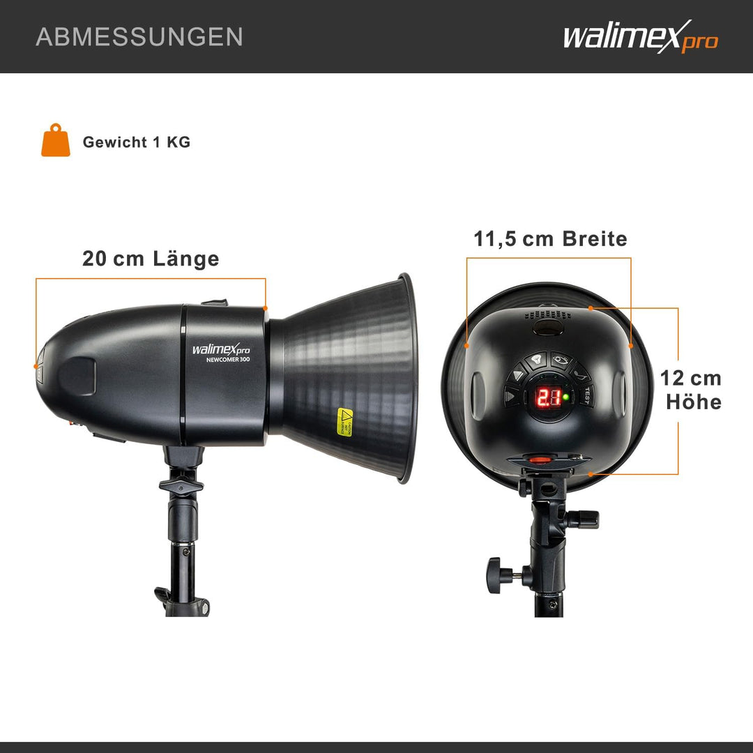 Walimex pro Newcomer 300 II Set Single - 300 Ws Blitzleistung, auslösen per Funk 2,4GHz, LED-Einstel