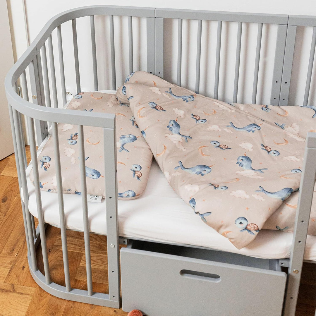 Waldin Baby Kinder Bettwäscheset 100% Bambus, ohne Bezug, Hypoallergen, Decke und Kissen, Wale/Dunke