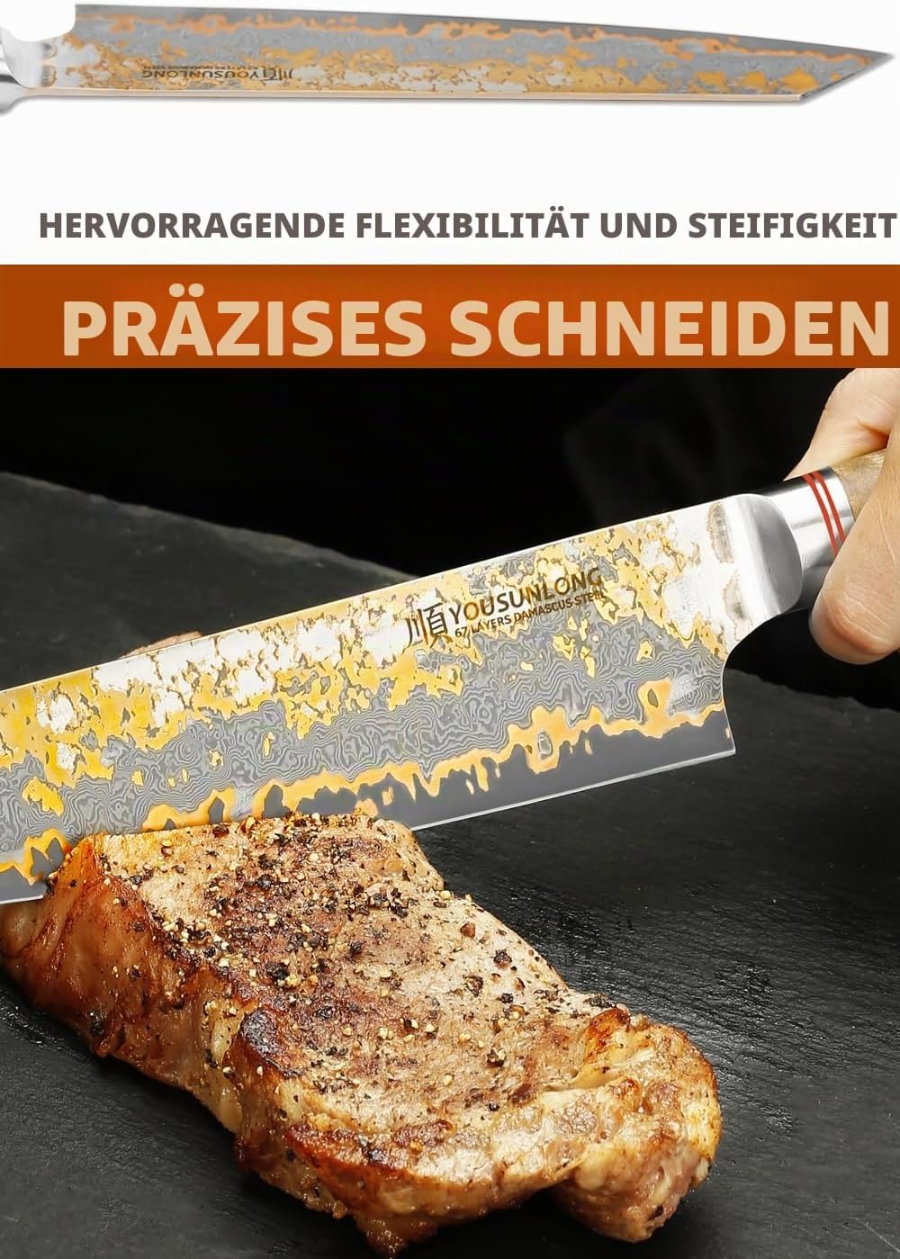 YOUSUNLONG Kiritsuke Kochmesser - 210mm Japanische Kupfer Damaszener Stahl Klinge - Rasiermesserscha