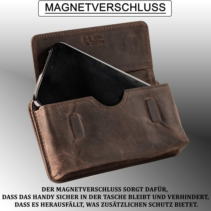 MATADOR Echt Leder Universal Handy-Tasche Holster Gürteltasche Magnetverschluss Quer für Handys bis