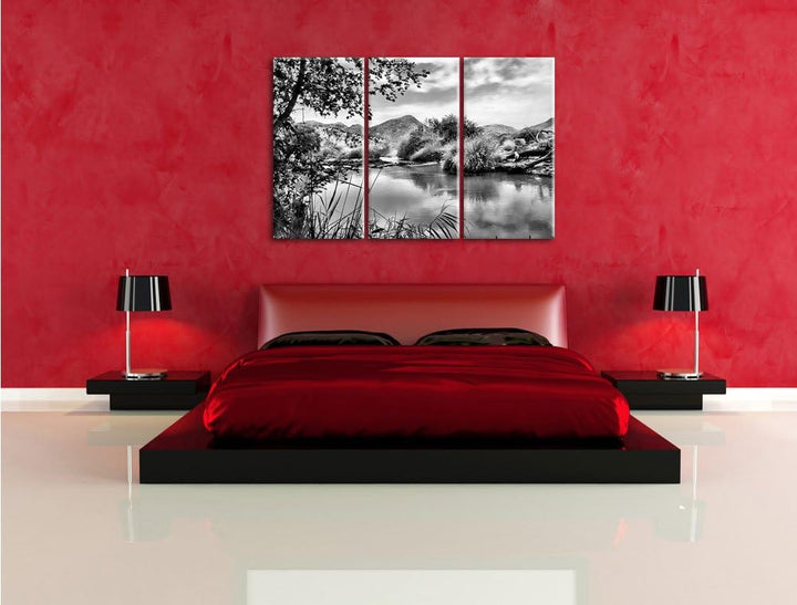 Pixxprint Monocrome, schöne Oase in der Savanne 3-Teiler Leinwandbild 120x80 Bild auf Leinwand