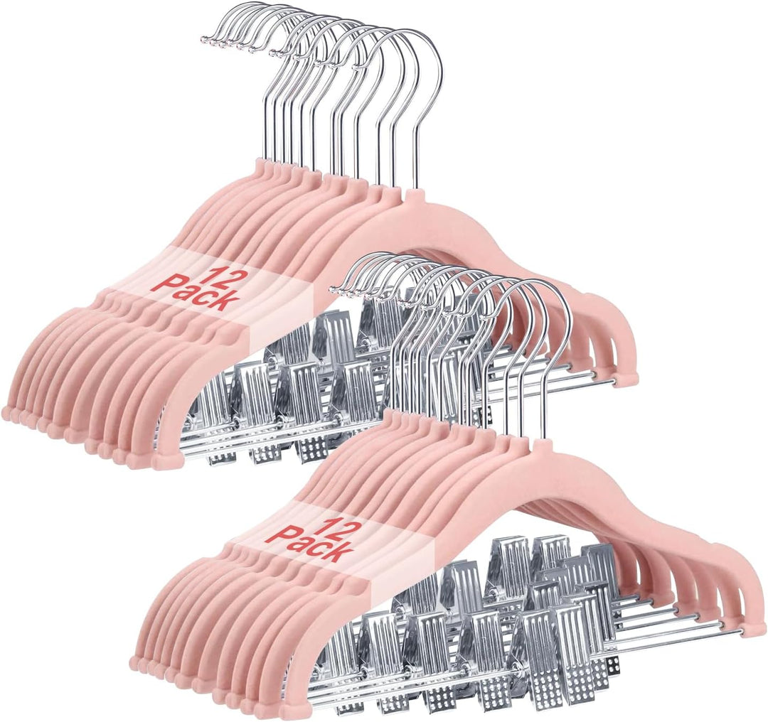 Wellong Baby-Kleiderbügel mit Clips, 24 Stück KinderKleiderbügel aus Samt, Strapazierfähige Kleiderb