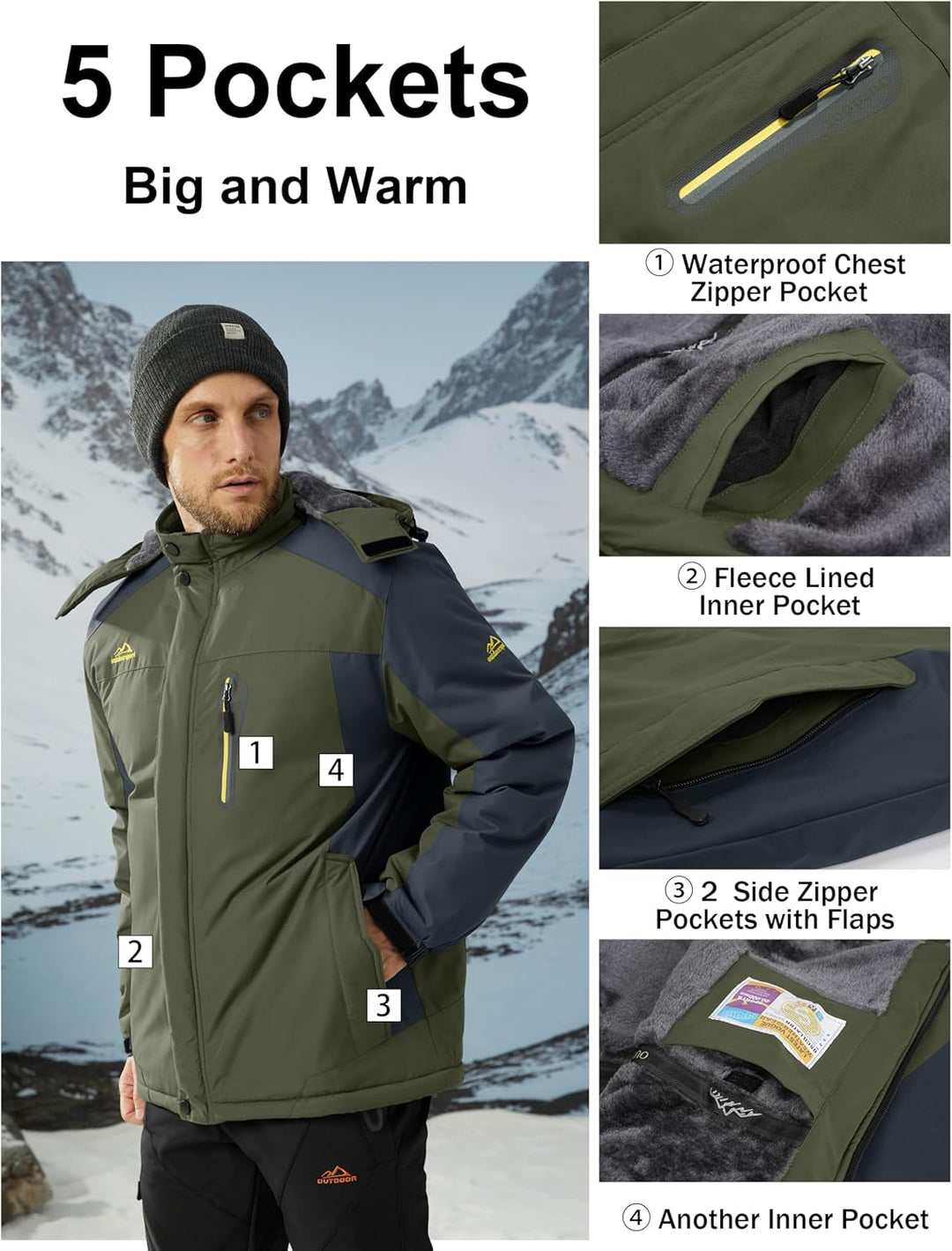MAGCOMSEN Herren Winter Fleecejacke Warme Gefüttert Skijacke Outdoor Winddicht Wasserdicht Jacke Ver