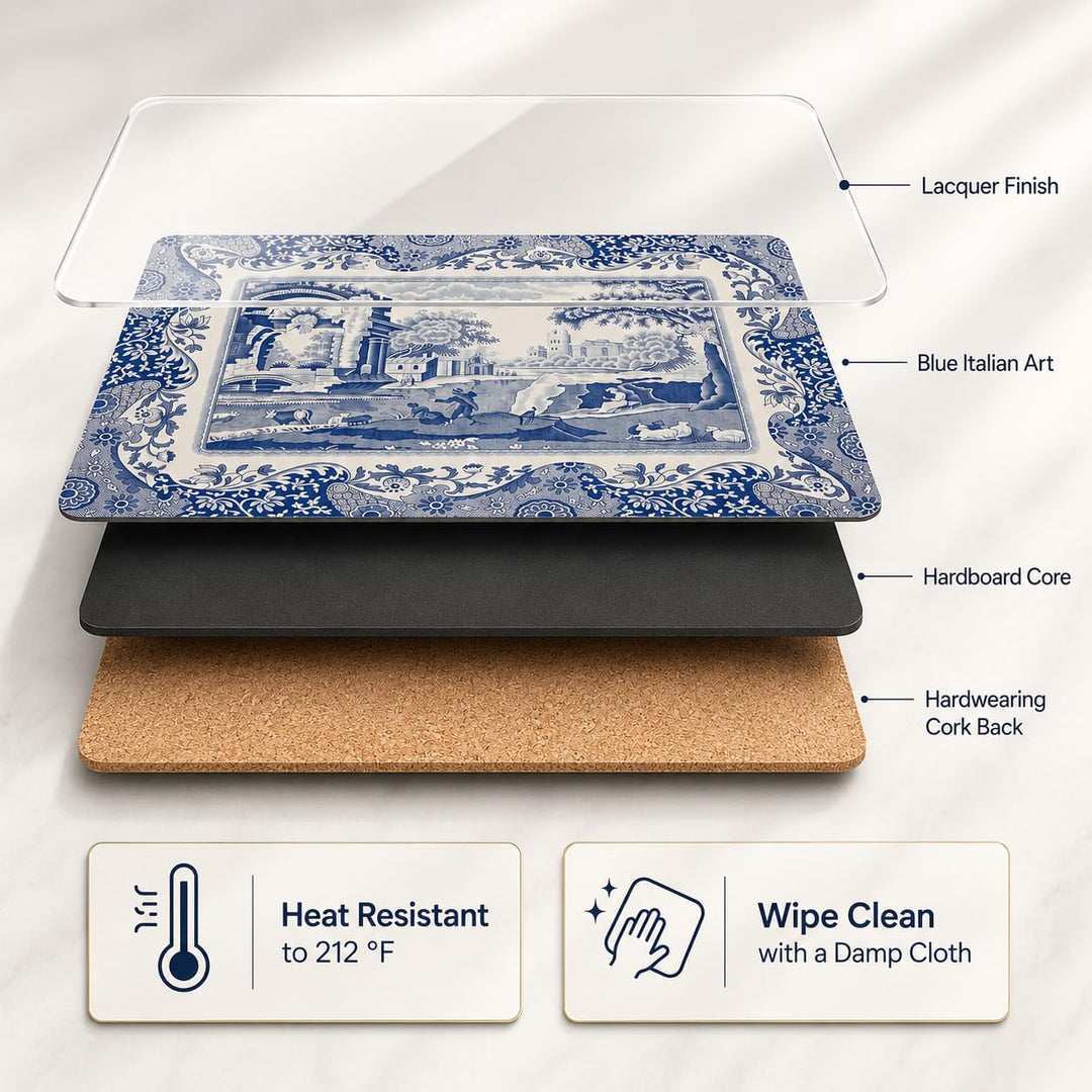 Blue Italian Placemats, Wood, Blue and White, 40.1 x 29 x 0.58 cm