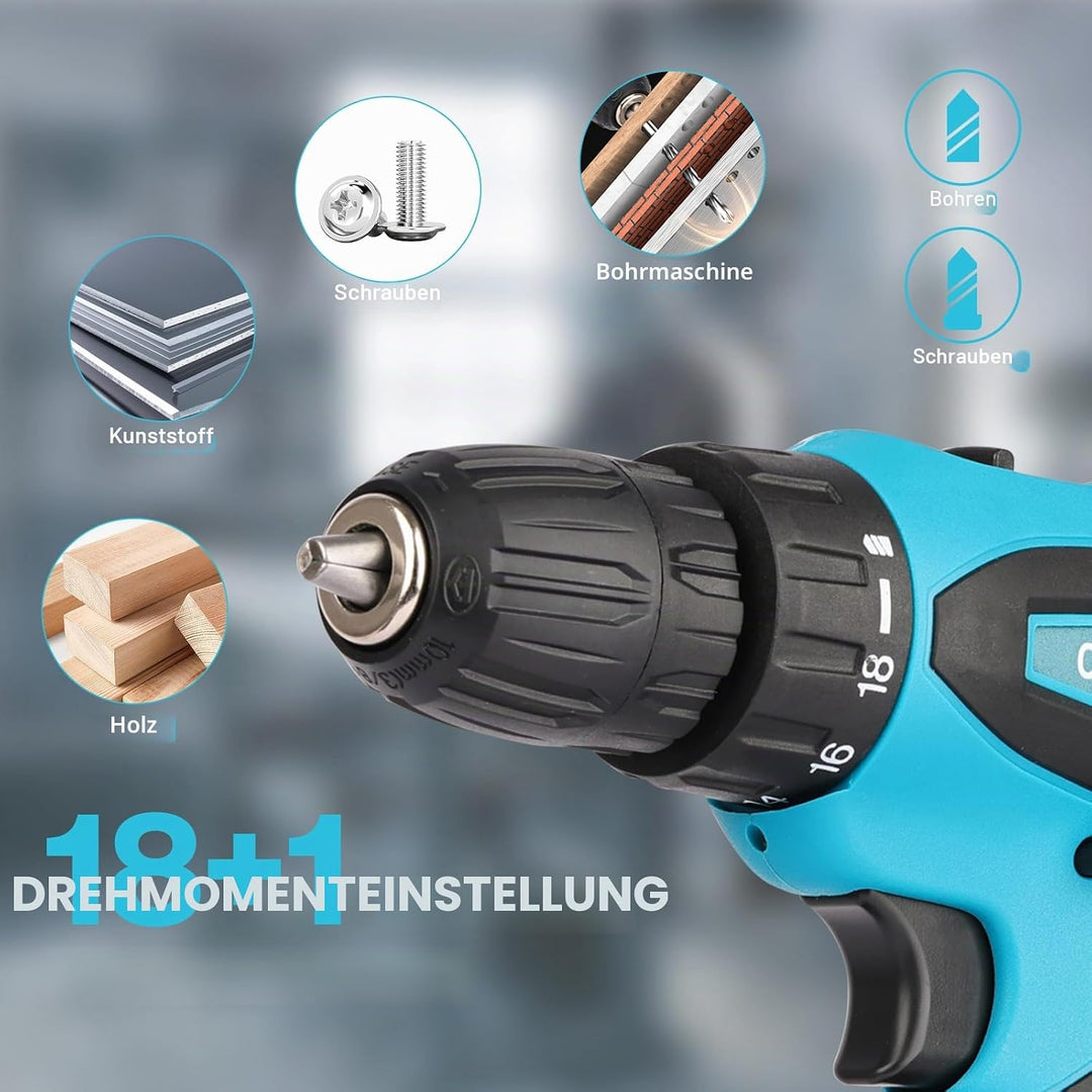 Akkuschrauber 12V: 22Nm Bürstenloser Motor bohrschrauber mit Akku 2x 1500mAh, 18+1 Drehmoment & 2-Ga
