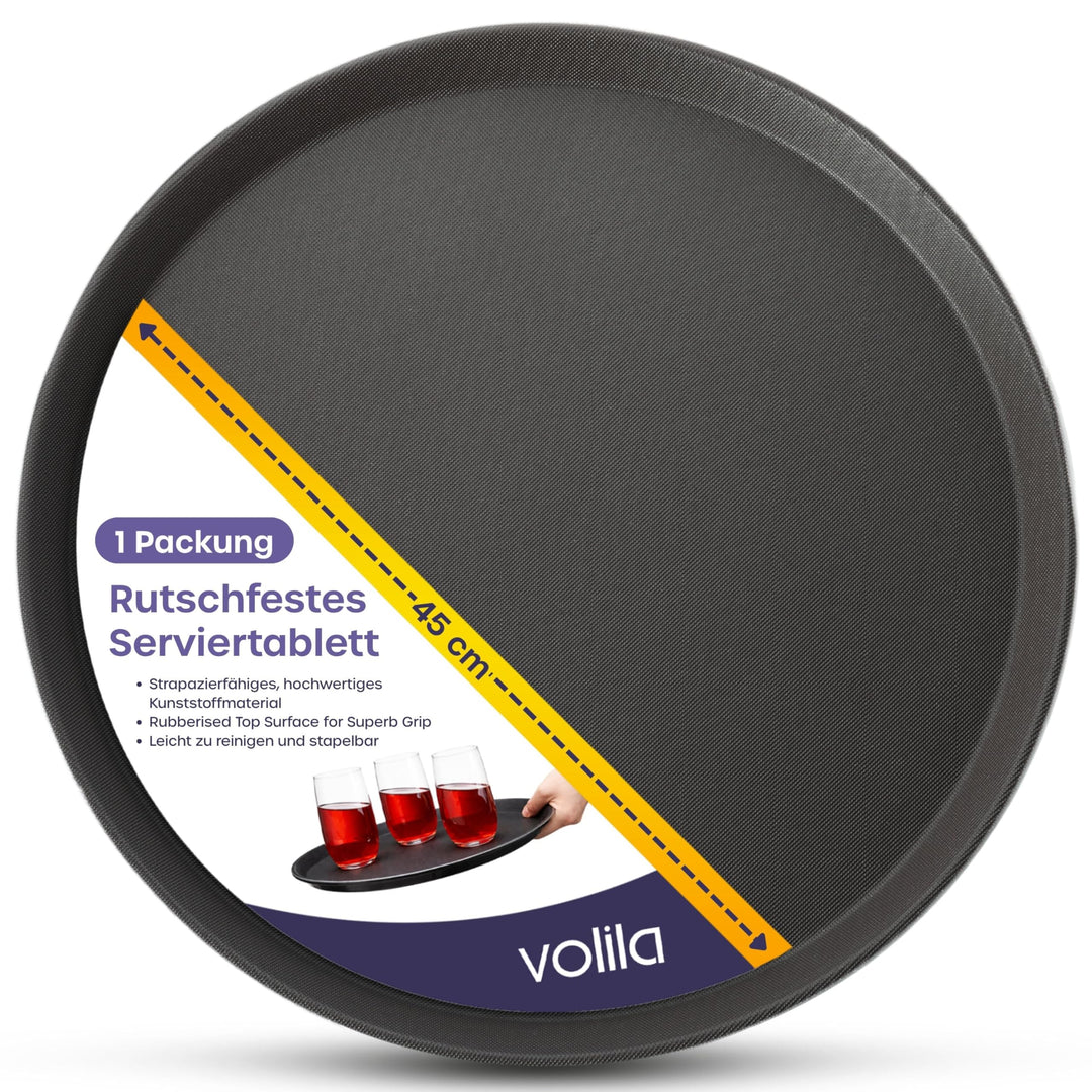 volila Rutschfestes Schwarzes Tablett Serviertablett Rund (1 STK. à 45 cm) - Rundes Tablett Ideal al