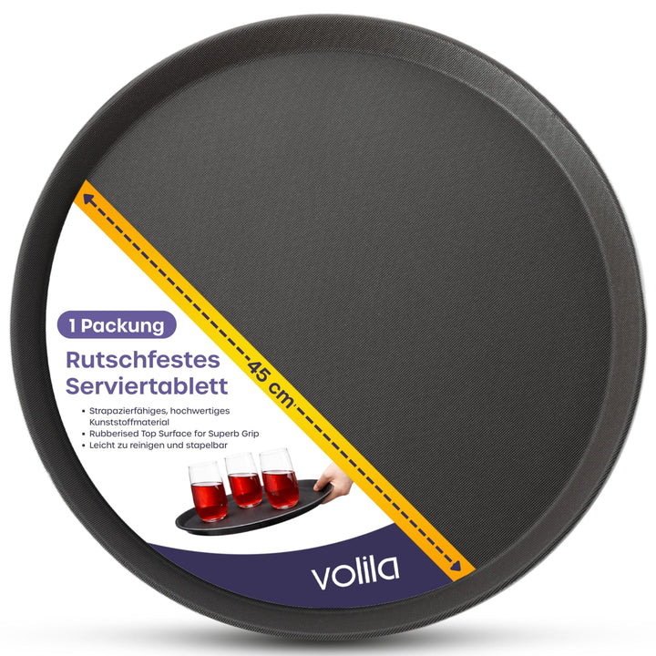 volila Rutschfestes Schwarzes Tablett Serviertablett Rund (1 STK. à 45 cm) - Rundes Tablett Ideal al