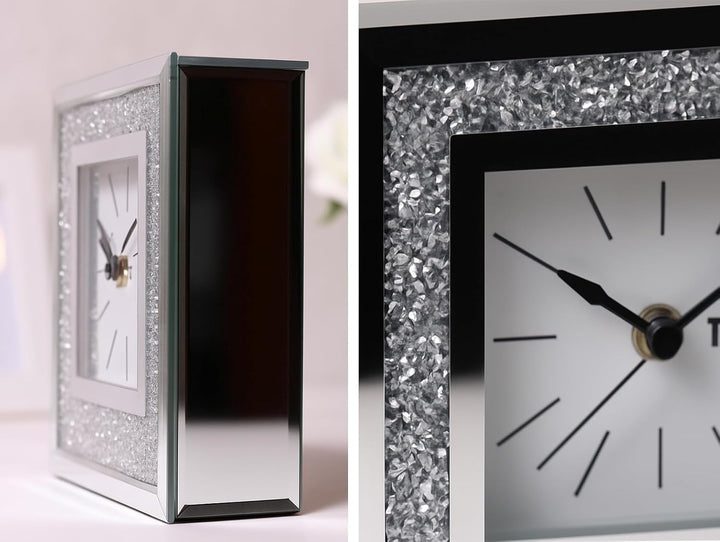 Edle Tischuhr Spiegelglas Glitzer Kristall-Optik – Dekouhr mit Spiegelrand 15x15cm – Moderne Kaminuh