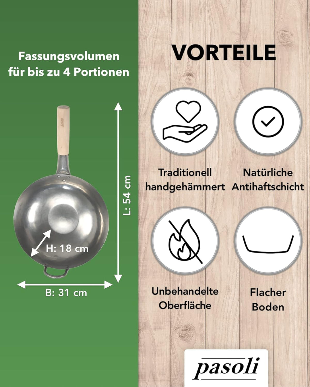 pasoli handgehämmerter Wok inkl. gratis Rezepte eBook - traditionelle Asiapfanne - Bratwok aus Carbo