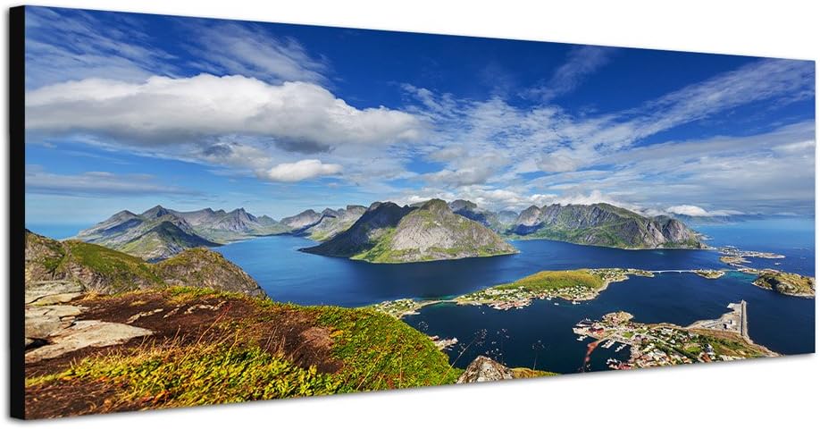 Paul Sinus Art Panoramabild auf Leinwand und Keilrahmen 150x50cm Norwegen Lofoten Berge Wasser Wolke