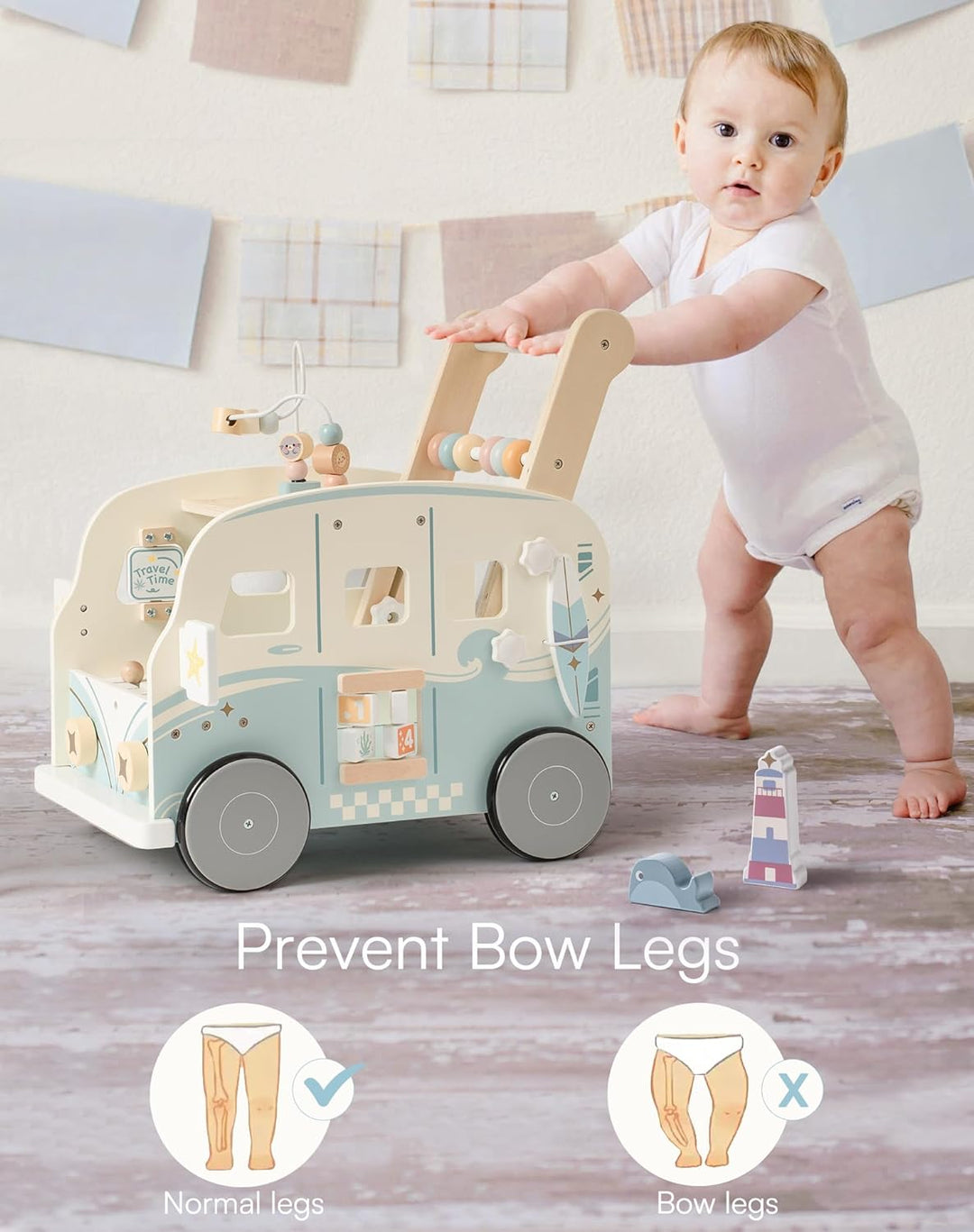ROBUD Lauflernwagen Holz, Multifunktion Baby Lauflernhilfe mit & Rädern & Bauklötzen Spielgeräte Akt