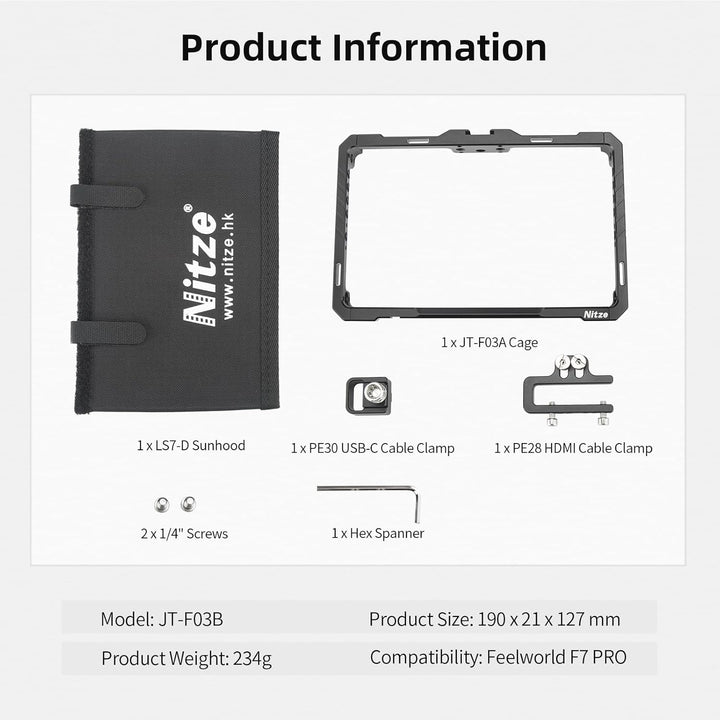 Nitze F7 PRO 7" Monitor Cage Monitorkäfig für Feelworld F7 PRO mit HDMI und USB-C Kabelklemme – JT-F