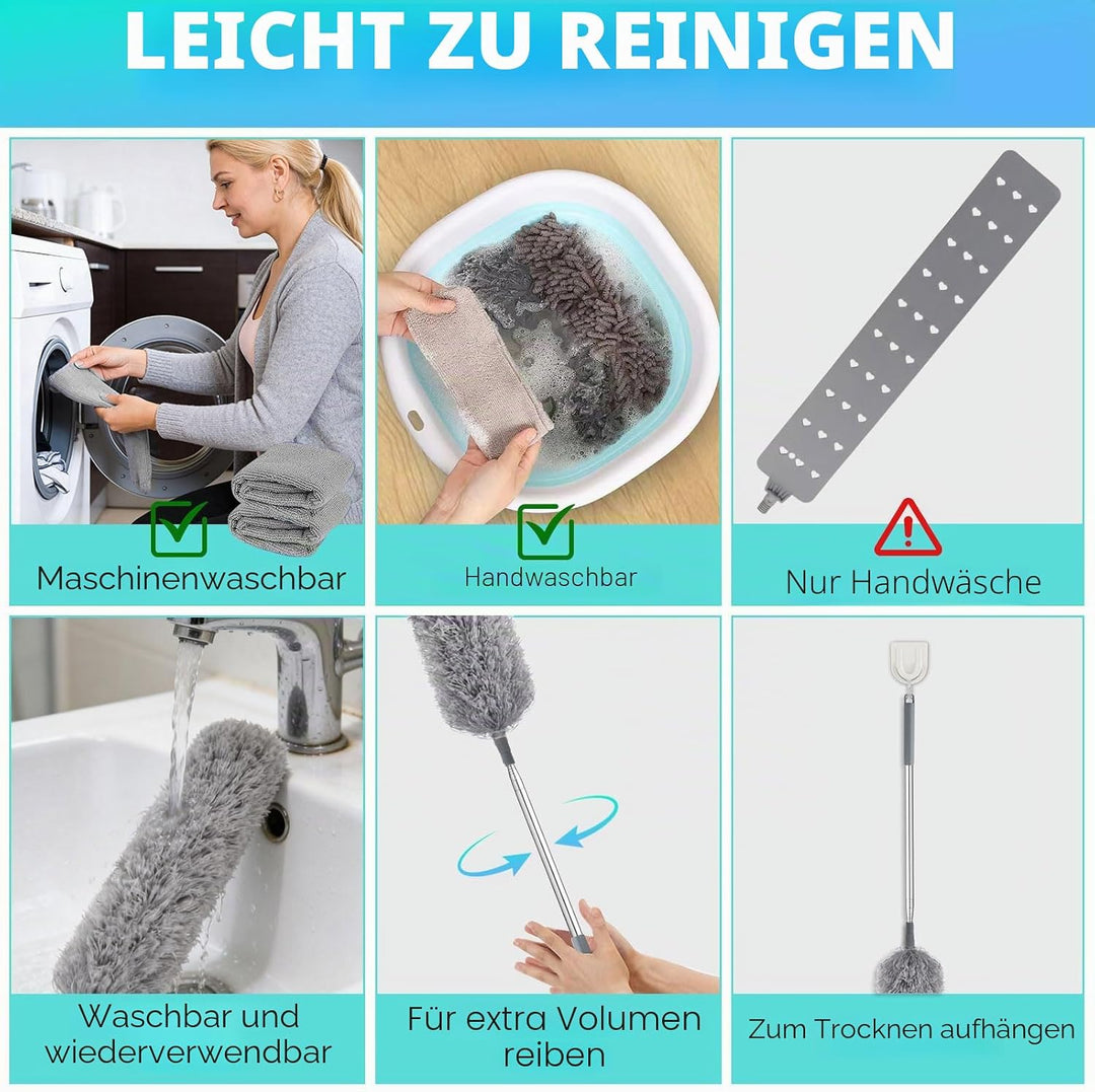 9 Stück Staubwedel Teleskop Waschbar, 2,5m StaubwedelLang Ausziehbar, Teleskop Staubwedel Verbiegbar