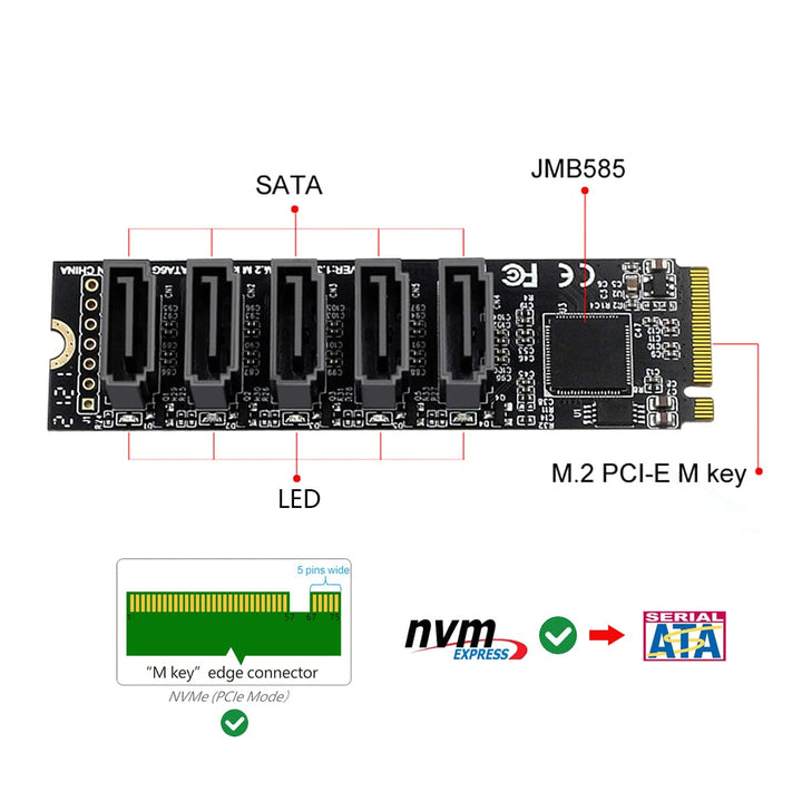 cablecc NGFF NVME M-Key PCI Express auf SATA 3.0 6 Gbps 5 Ports Adapter Konverter Festplattenerweite