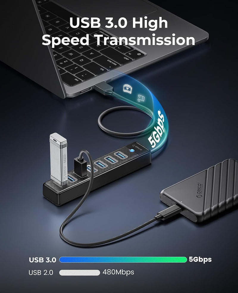 ORICO USB HUB 3.0, 7 Port USB HUB mit 5V/3A Netzteil Port, USB Verteiler für Laptop, MacBook Pro/Min