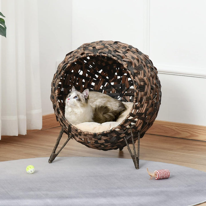 PawHut Katzenhaus aus Rattan mit Kissen Katzenschlafplatz Katzenhöhle mit erhöhten Füssen Braun Ø52