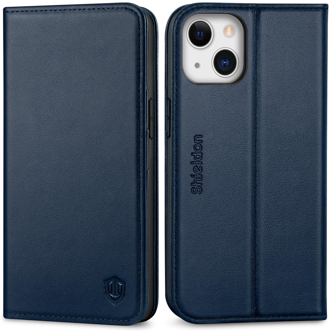 SHIELDON Hülle für iPhone 13, Handyhülle [Rindsleder] [Verdicht TPU] [Kartenfach] [Standfunktion] [M