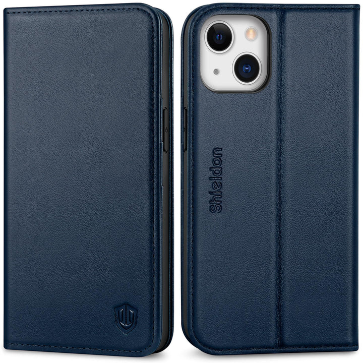 SHIELDON Hülle für iPhone 13, Handyhülle [Rindsleder] [Verdicht TPU] [Kartenfach] [Standfunktion] [M