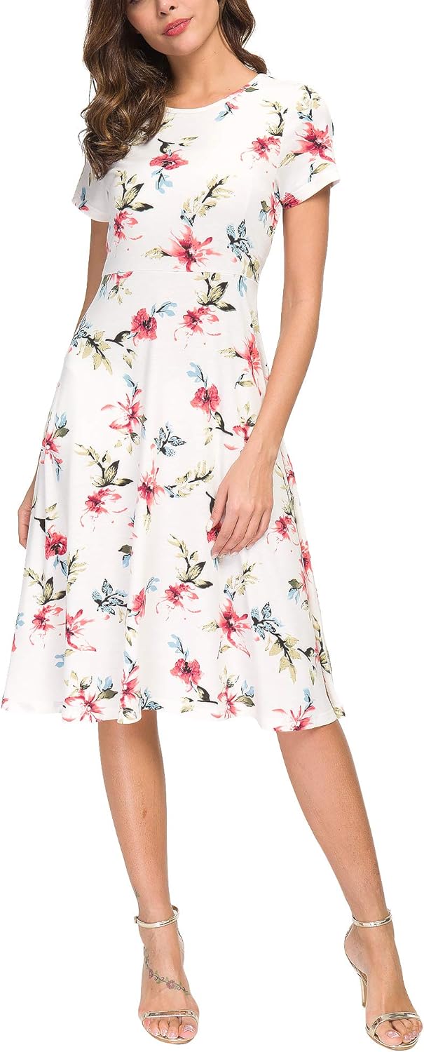 EXCHIC Damen Elegant Blumendruck Kleid Rundhals Knielang Kleider, M 5