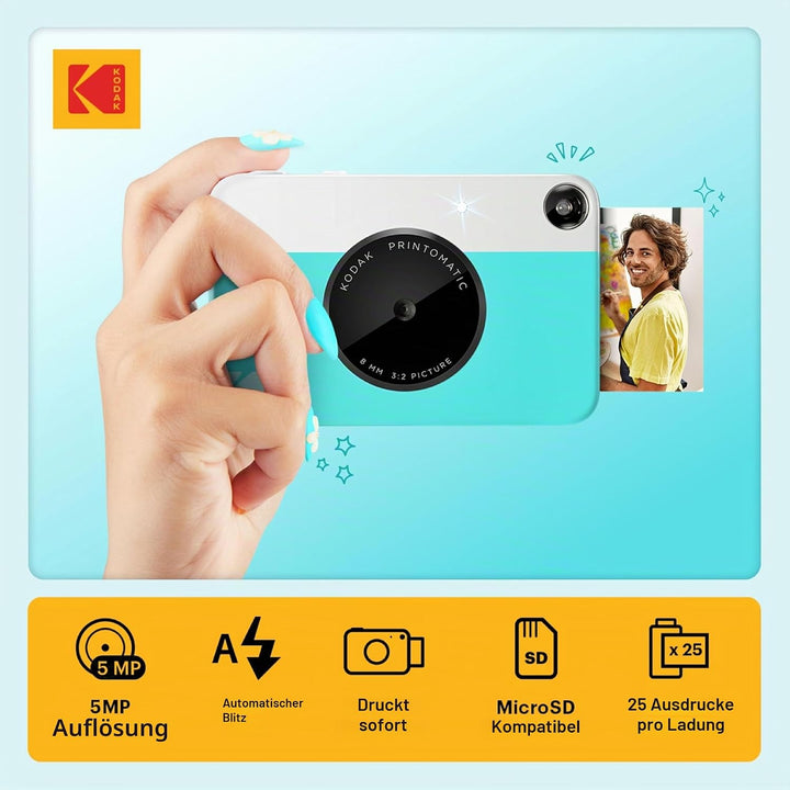 KODAK PRINTOMATIC Digitale Sofortbildkamera, Vollfarbdrucke auf Zink 2x3-Fotopapier mit Sticky-Back-