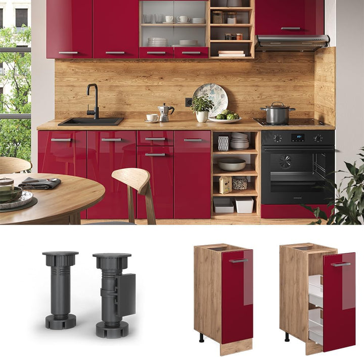 Vicco Unterschrank für die Küche: R-Line, Bordeaux Hochglanz/Goldkraft Eiche, 30 cm AP Marmor Bordea