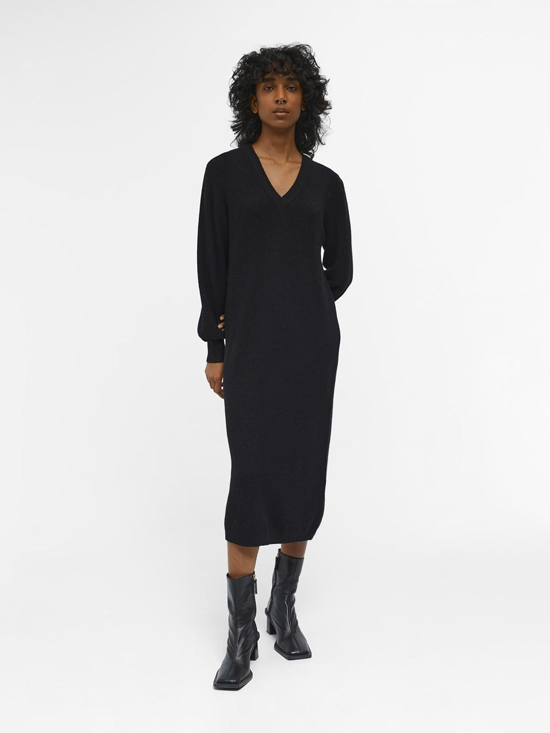 Object Damen Objmalena L/S Knit Dress Noos Strickkleid, Schwarz, L EU