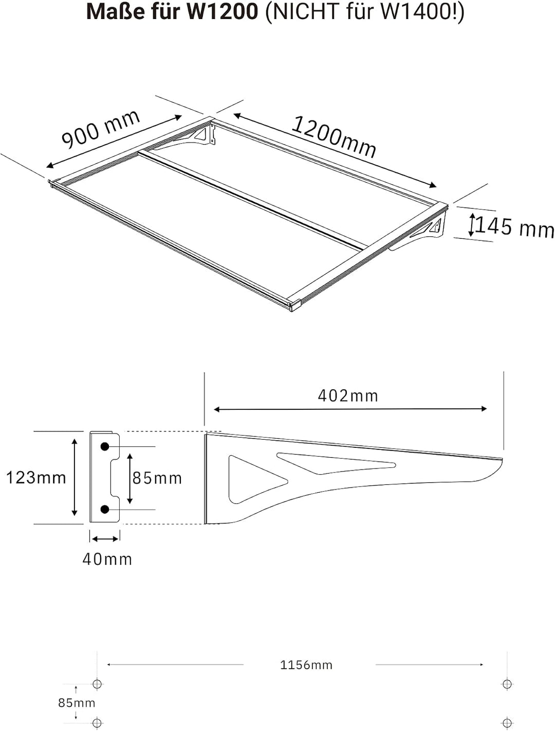 SCHARTEC Aluminium-Vordach W1200/W1400 als Haustürvordach 120 oder 140 cm | schützt auch bei extreme