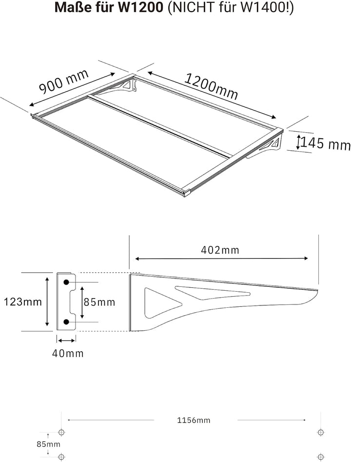 SCHARTEC Aluminium-Vordach W1200/W1400 als Haustürvordach 120 oder 140 cm | schützt auch bei extreme