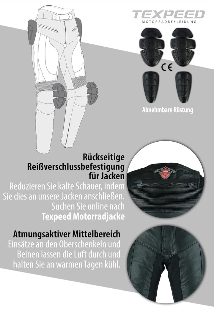 TEXPEED motorradhose leder wasserdicht herren mit protektoren - Schwarz Vollnarbiges Lederhose echtl
