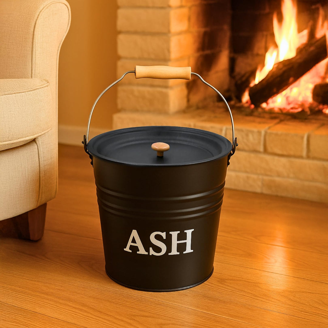 Homezone® Stahlgrauer Ascheeimer mit Deckel und Holzgriff Kamineimer Kamineimer Kamin Eimer Asche Bl