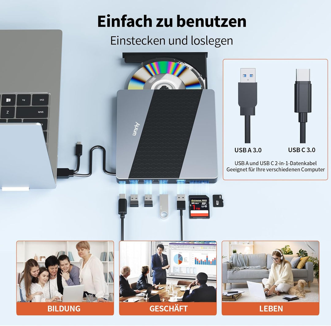 Alxum Externes DVD Laufwerk - USB 3.0 Type C CD Laufwerk extern USB mit SD/TF Kartenleser und USB An