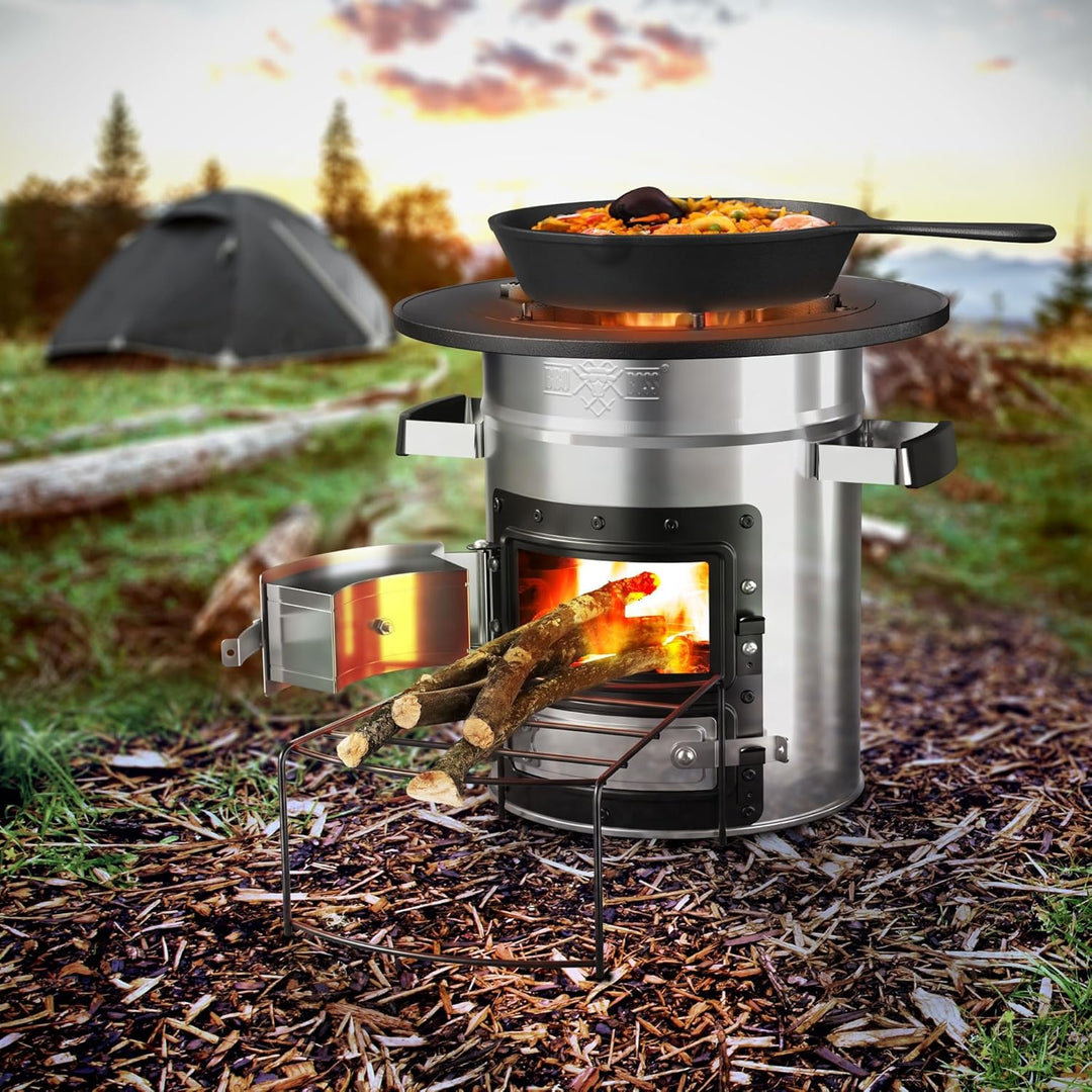 BBQ#BOSS Raketenofen mit Grillpfanne & Tragetasche, Silber, Campingkocher Holz mit Brennholzständer,