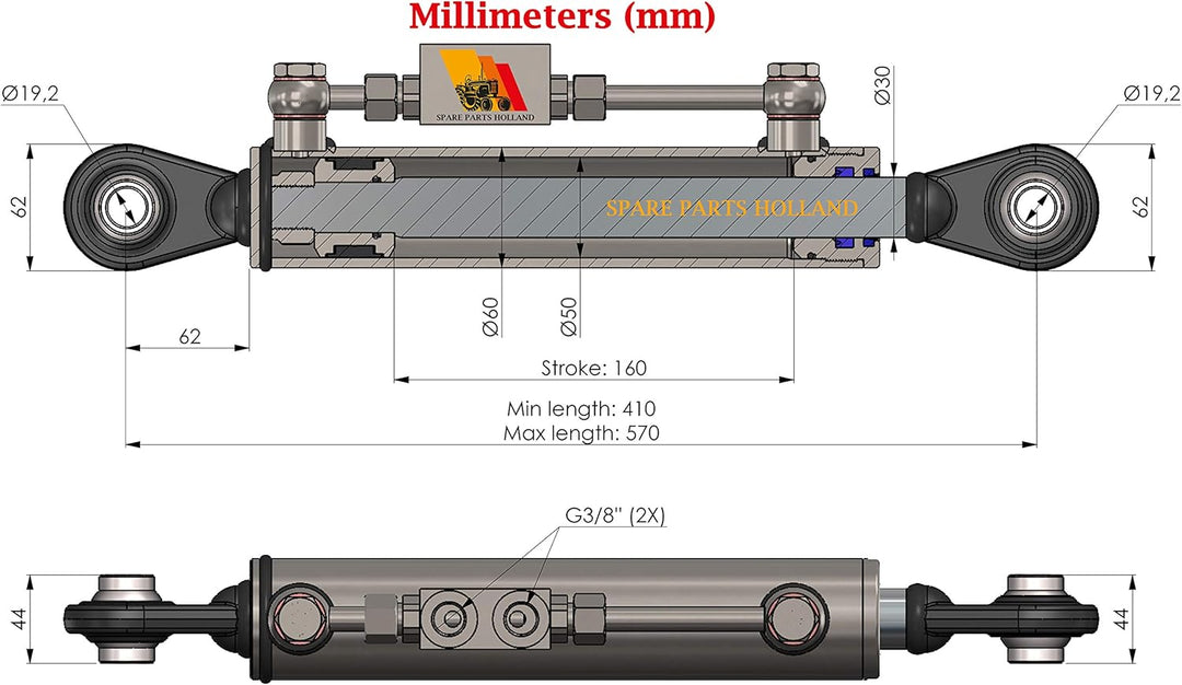 Hydraulischer Oberlenker Kat. 1-1 (410-570 mm) mit Sperrblock und Schläuchen
