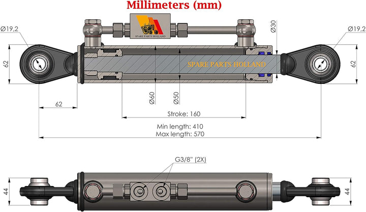 Hydraulischer Oberlenker Kat. 1-1 (410-570 mm) mit Sperrblock und Schläuchen