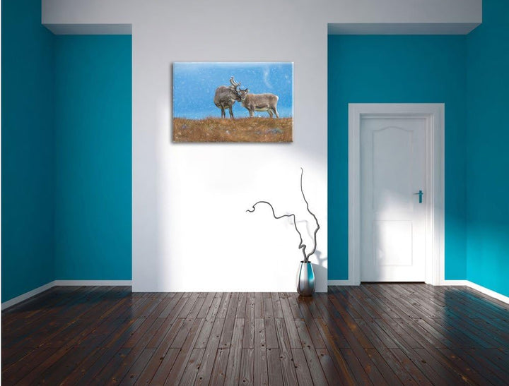 Pixxprint Rentiere die miteinander schmusen / 100x70cm Leinwandbild bespannt auf Holzrahmen/Wandbild