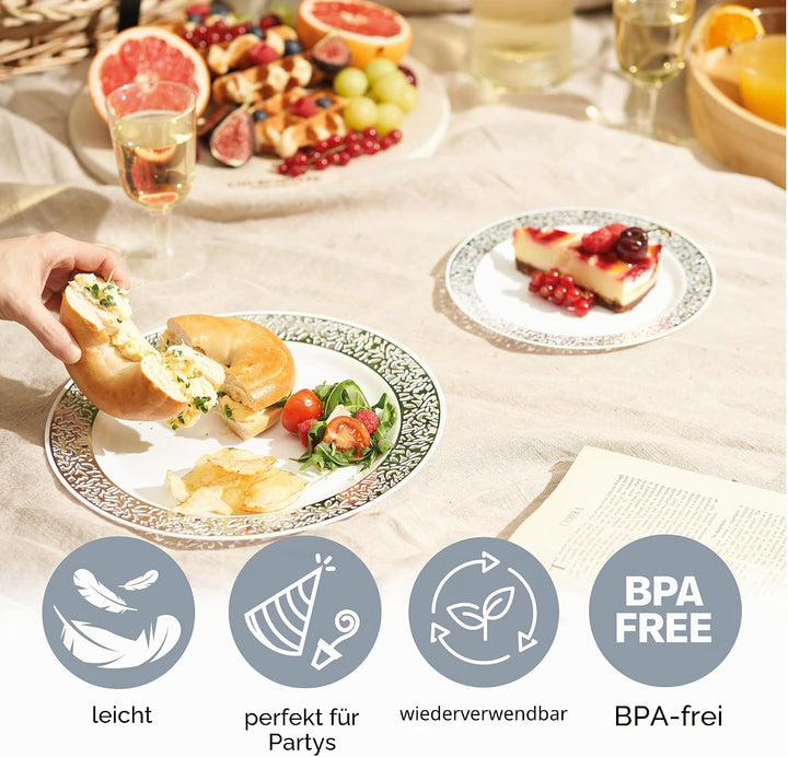 MATANA 40 Weisse Plastikteller mit Silbernem Rand für Hochzeiten, Geburtstage, Taufen, Weihnachten &
