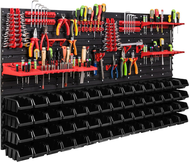 Lagersystem Werkstattregal | 156 x 78 cm | 60 stck. Box | Wandregal mit Werkzeughalterungen und Stap