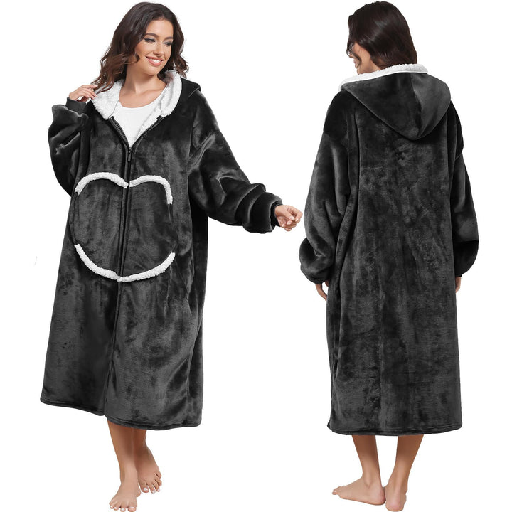 Decke mit Ärmeln und Kapuze, Kuscheldecke Hoodiedecken mit Reissverschluss und Taschen Schwarz, Schw
