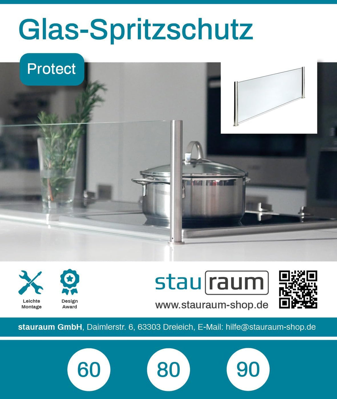 Spritzschutz Protect Herd Kochinsel Edelstahl mit Glasplatte 60cm Breite, 60cm