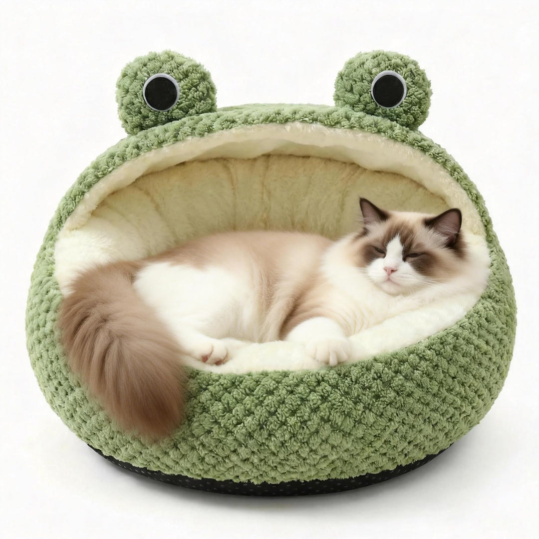 Froschform Katzenhöhle 40cm, Warmes Katzenbett Kuschelhöhle Waschbar | Niedliches Froschdesign mit w