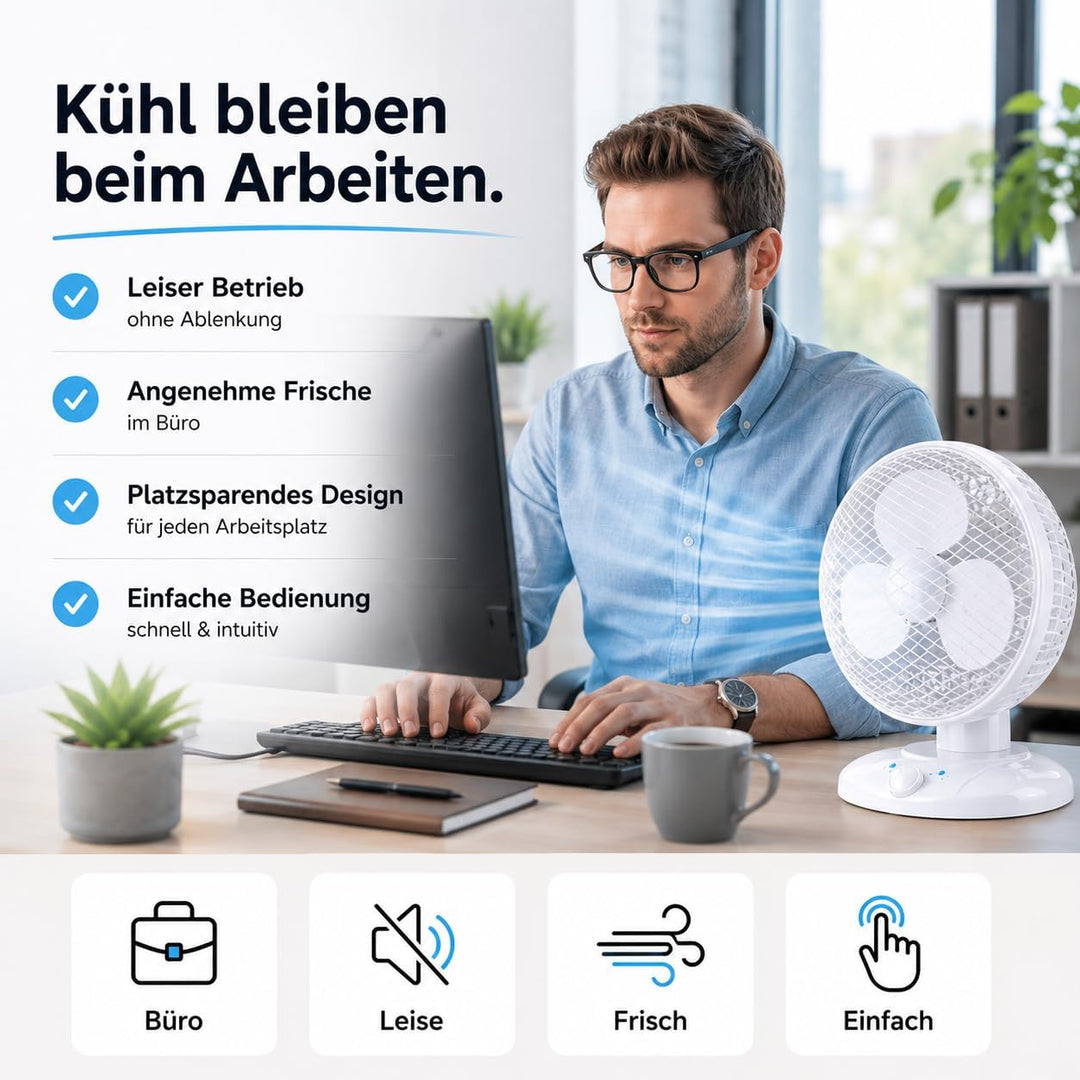 Everhomely Tragbarer Tischventilator 30 cm mit Schwenkfunktion – leiser Ventilator mit 3 Geschwindig