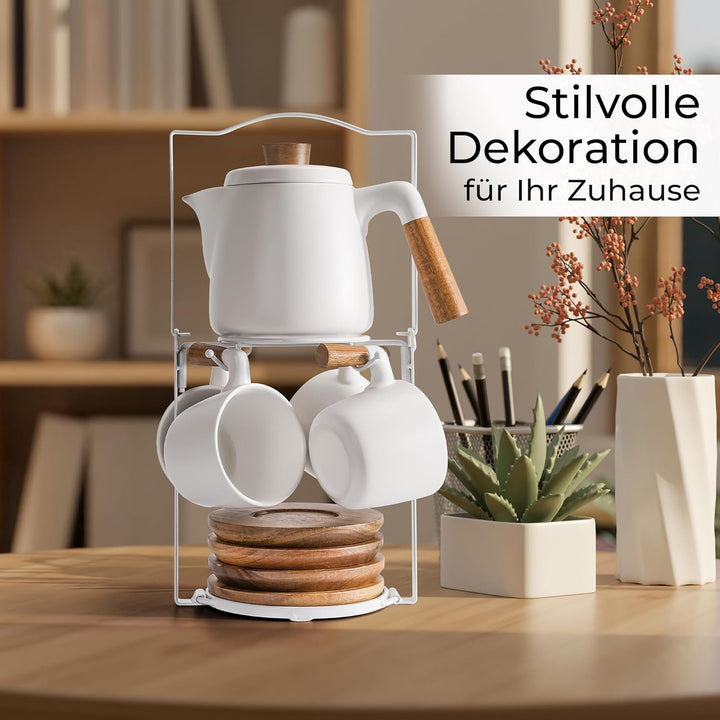MIAMIO - 1 Liter Keramik-Teekanne-Set mit Siebeinsatz und Tassen/Teesieb, 4 Keramik-Teetassen (300 m