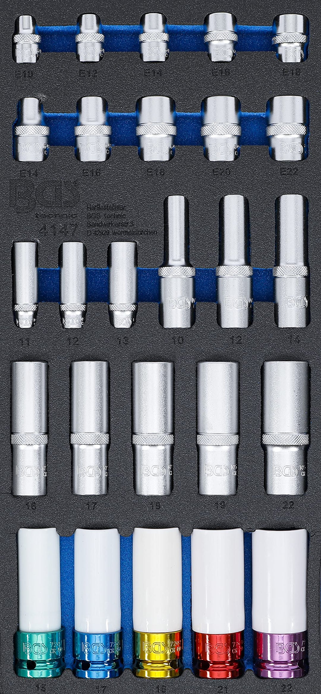 BGS 4147 | Werkstattwageneinlage 1/3: Steckschlüssel-Einsätze | Sechskant, tief 11 - 22 mm | E-Profi